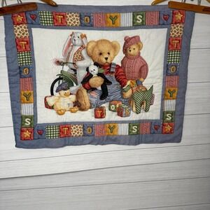 Handmade Quilted Wall Hanging Art Decor Blue Jean Teddy Bear Toys Theme Nursery